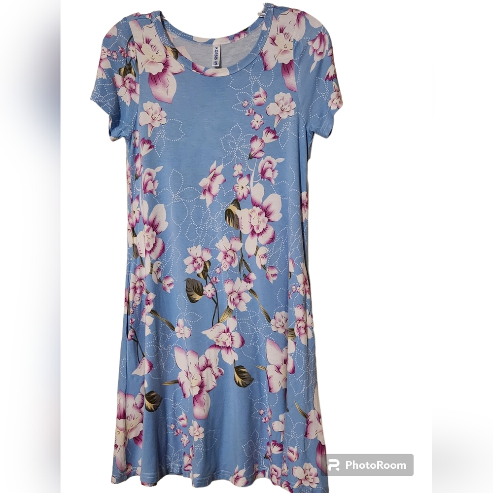 Blue Floral Print Comfy Stretch Dress Size Women's Small and Large- EUC Pockets!